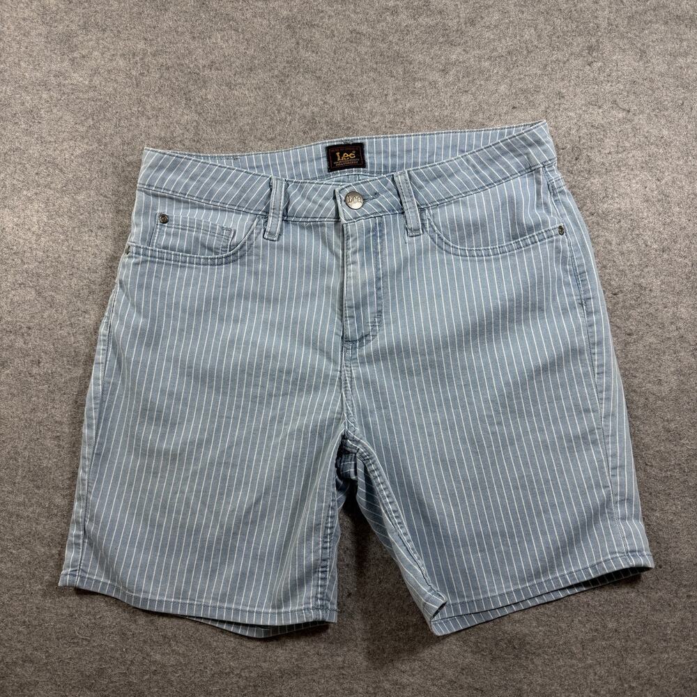 Lee Shorts Womens 10 Light Blue Pinstripe Denim Five Pocket Slim Fit Preppy